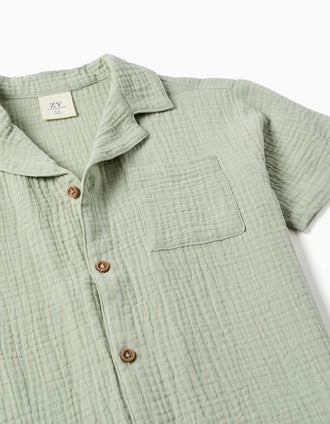 Chemise à manches courtes en double gaze de coton pour garçon, vert clair