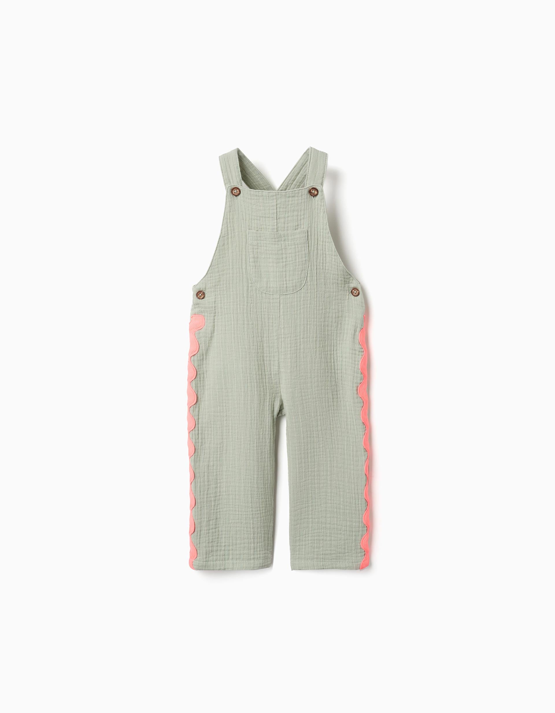 Cotton dungarees with ric rac tape for newborn and baby girls, green/coral