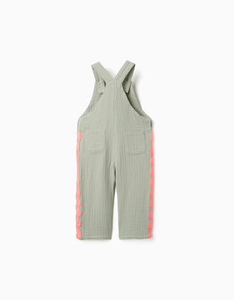 Cotton dungarees with ric rac tape for newborn and baby girls, green/coral