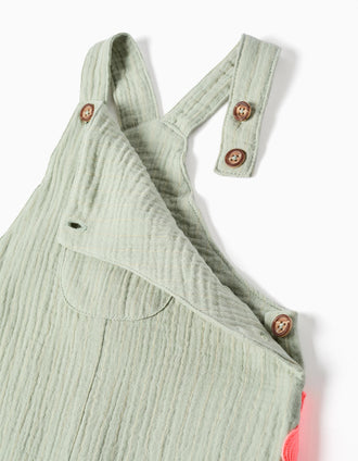 Cotton dungarees with ric rac tape for newborn and baby girls, green/coral