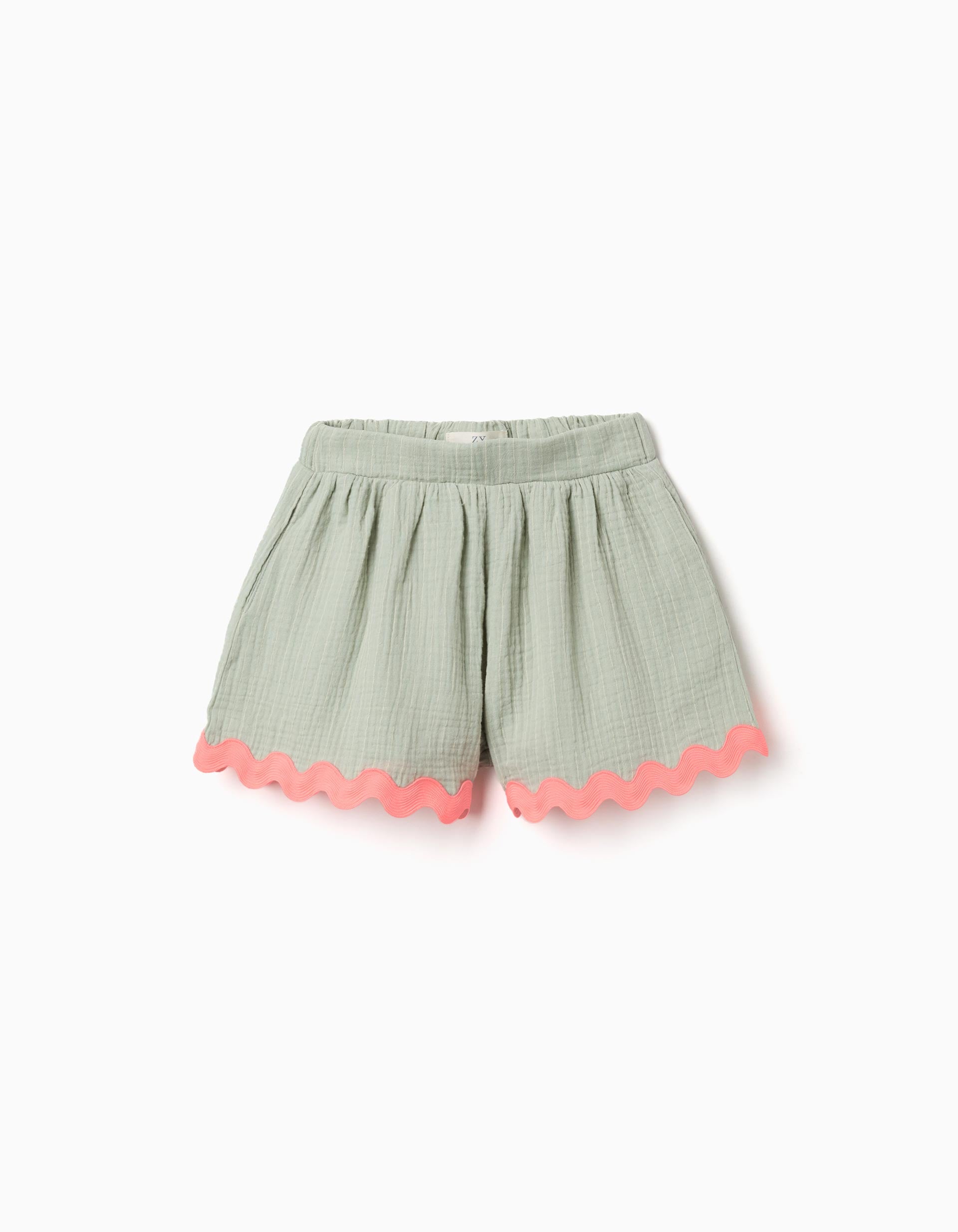 Cotton shorts with ric rac trim for girls, green/neon coral