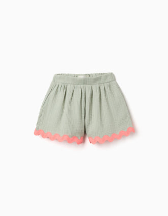 Cotton shorts with ric rac trim for girls, green/neon coral