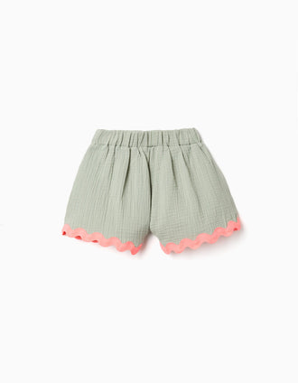 Cotton shorts with ric rac trim for girls, green/neon coral