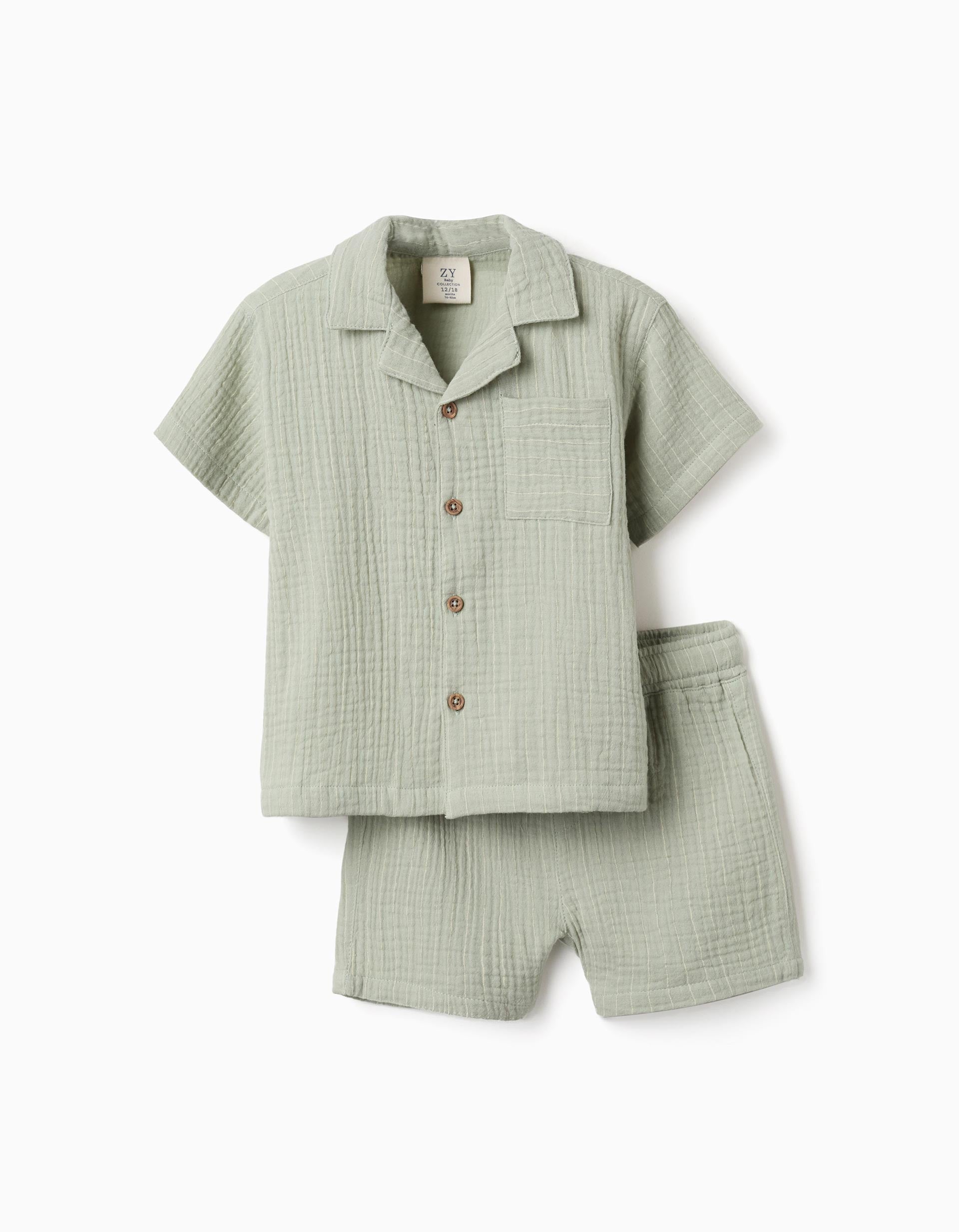 Camisa e calções de algodão para recém-nascido e bebé, verde-claro
