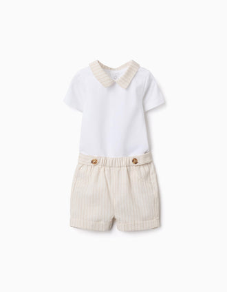Cotton bodysuit + striped shorts set for newborn boys, white/beige