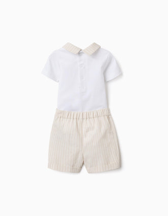 Cotton bodysuit + striped shorts set for newborn boys, white/beige