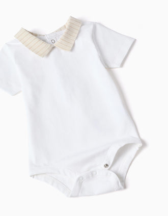 Cotton bodysuit + striped shorts set for newborn boys, white/beige
