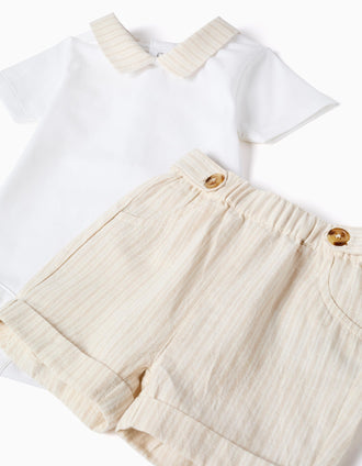 Cotton bodysuit + striped shorts set for newborn boys, white/beige