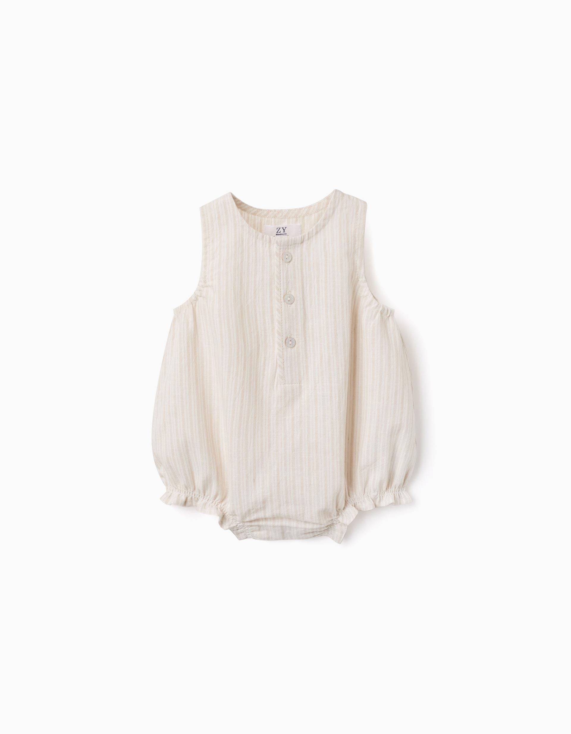 Cotton and linen romper with stripes for newborns, beige/white