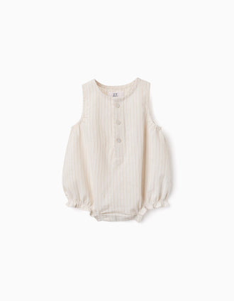 Cotton and linen romper with stripes for newborns, beige/white