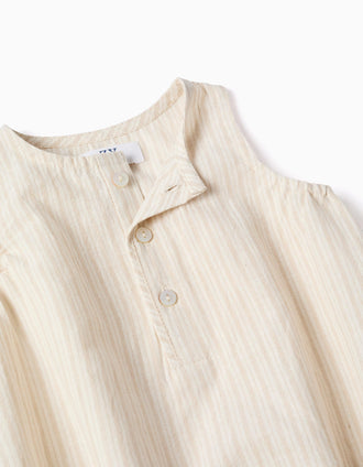 Cotton and linen romper with stripes for newborns, beige/white