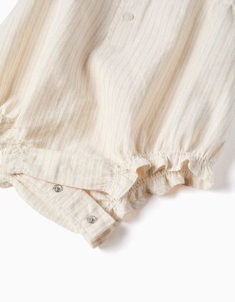 Cotton and linen romper with stripes for newborns, beige/white