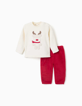 Pijama de terciopelo coral con reno bordado para bebé, blanco/rojo