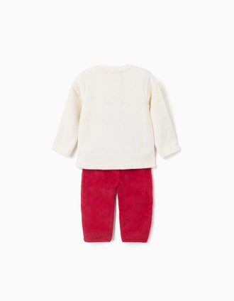 Pijama de terciopelo coral con reno bordado para bebé, blanco/rojo