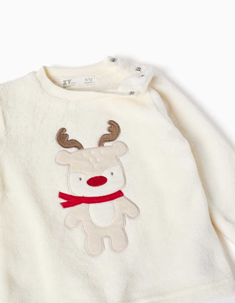 Pijama de terciopelo coral con reno bordado para bebé, blanco/rojo