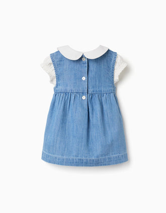 Body en coton + robe sans manches en jean pour nouveau-née, blanc/bleu