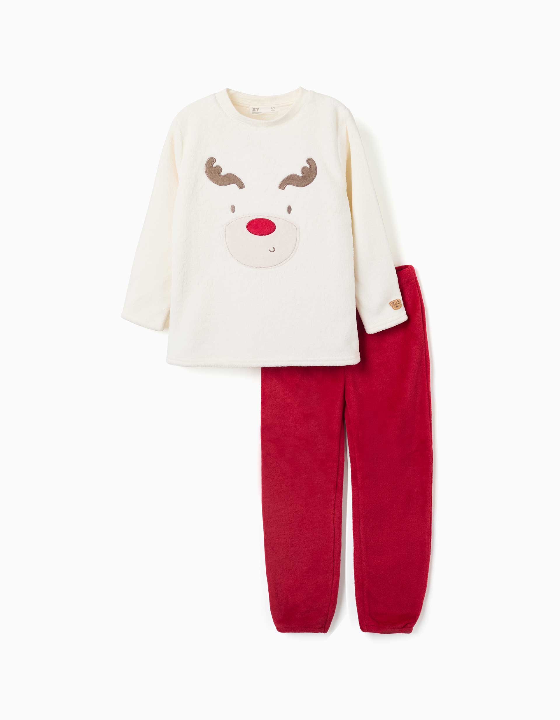 Pijama em lã coral com rena bordada para criança, branco/vermelho