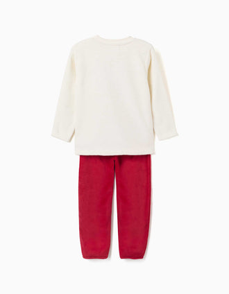 Pijama em lã coral com rena bordada para criança, branco/vermelho