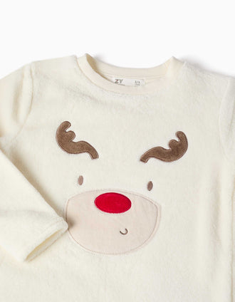 Pijama em lã coral com rena bordada para criança, branco/vermelho