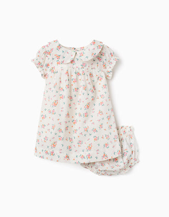 Short sleeve dress with floral pattern for newborn girls, beige