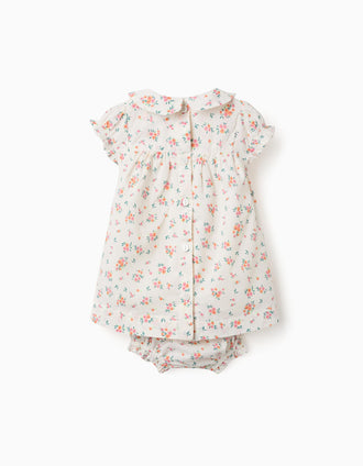 Short sleeve dress with floral pattern for newborn girls, beige