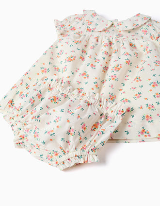 Short sleeve dress with floral pattern for newborn girls, beige