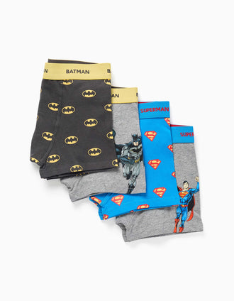 Pack de 4 boxers de algodão Batman e Superman para menino, azul/cinza
