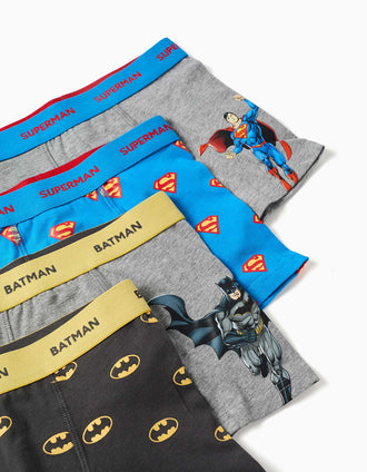 Pack de 4 boxers de algodão Batman e Superman para menino, azul/cinza