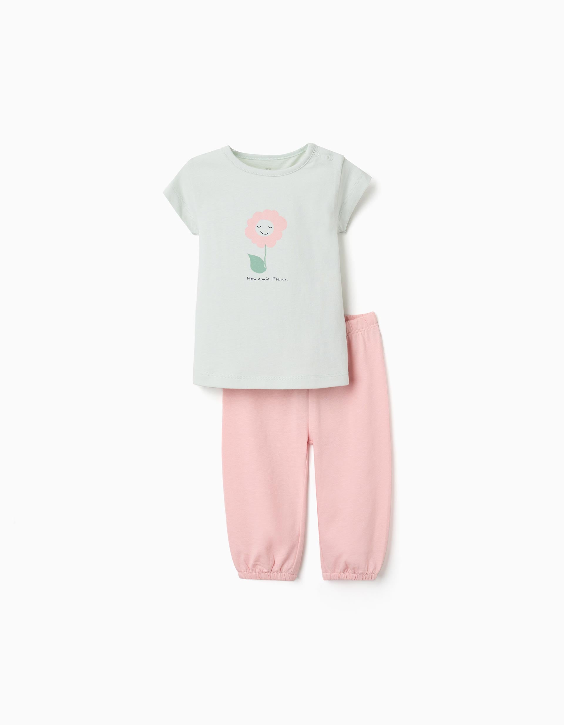 Pijama de algodón con estampado de flores para bebé niña, verde/rosa