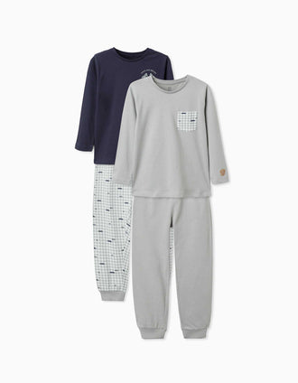 2 pijamas compridos de algodão com carros para menino, verde/azul