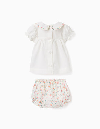 Cotton blouse and bloomers with ruffles for newborn girls, white