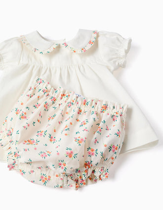 Cotton blouse and bloomers with ruffles for newborn girls, white