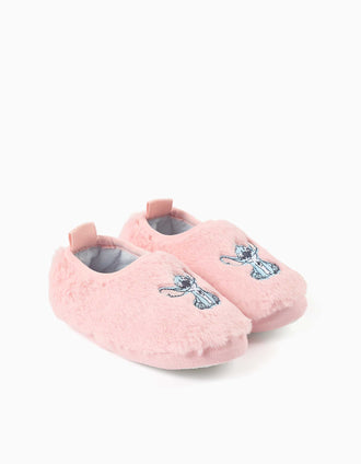 Plush slippers with Stitch embroidery for girls, light pink