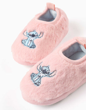 Plush slippers with Stitch embroidery for girls, light pink