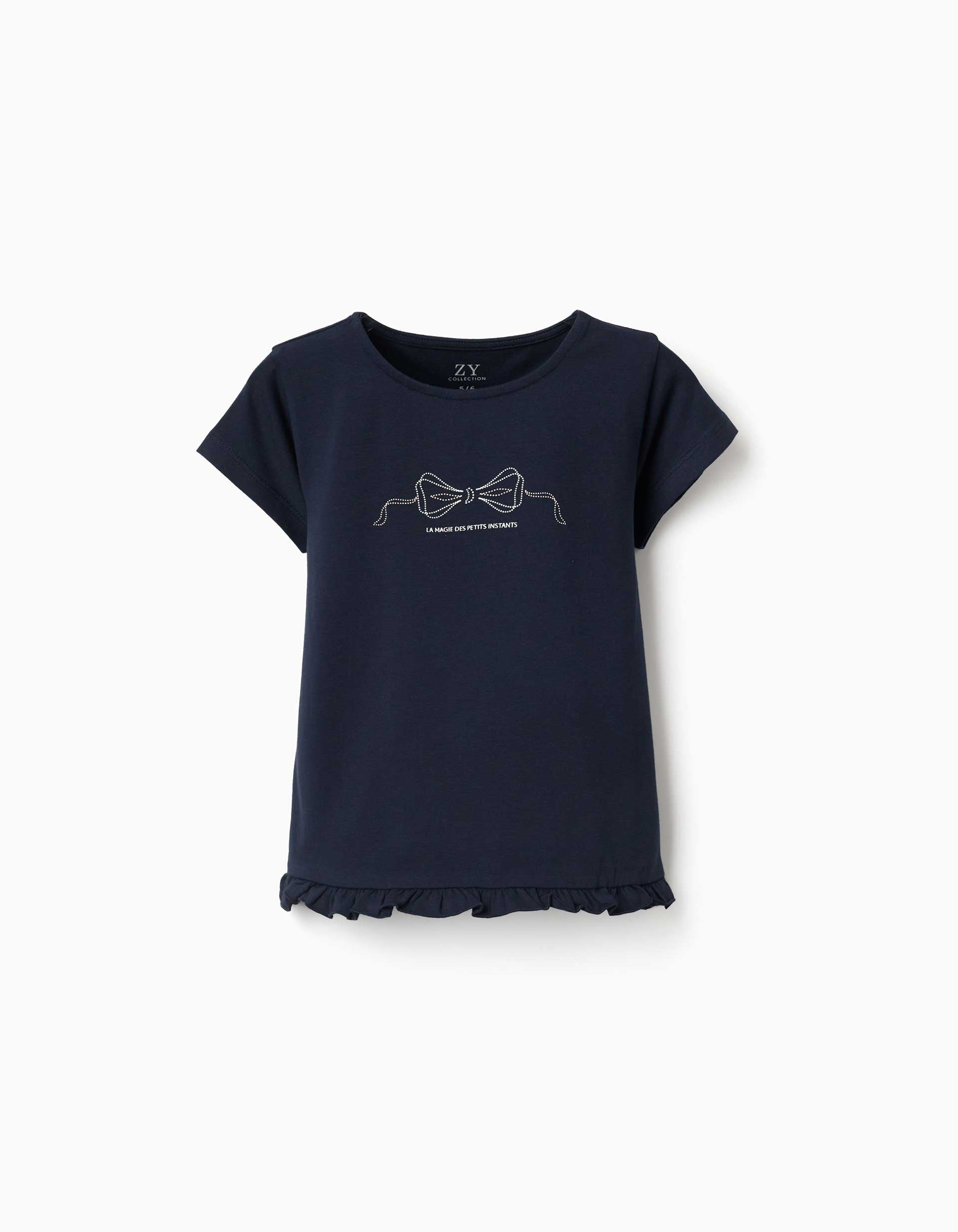 T-shirt de algodão com estampado e base com folhos para menina, azul