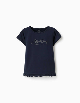 T-shirt de algodão com estampado e base com folhos para menina, azul