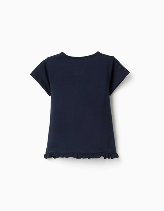 T-shirt de algodão com estampado e base com folhos para menina, azul
