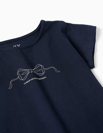 T-shirt de algodão com estampado e base com folhos para menina, azul