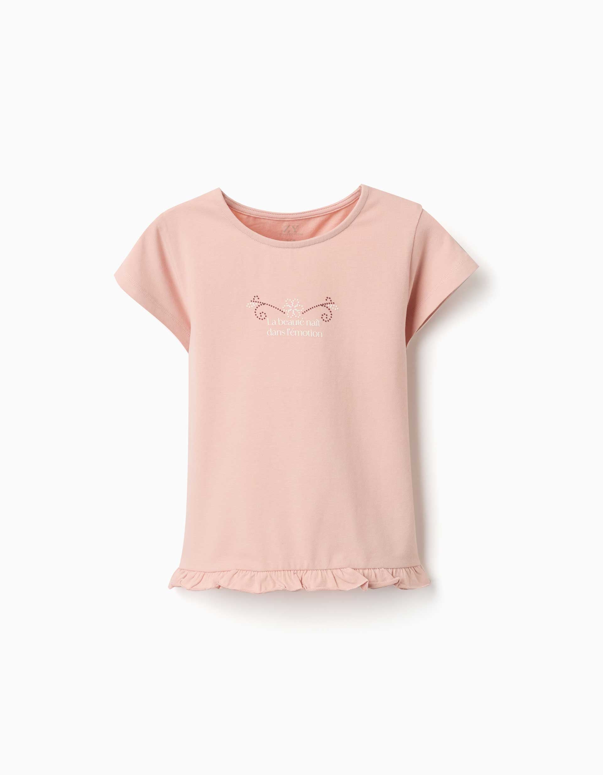 T-shirt de algodão com estampado e base com folhos para menina, rosa-claro