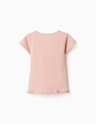 T-shirt de algodão com estampado e base com folhos para menina, rosa-claro