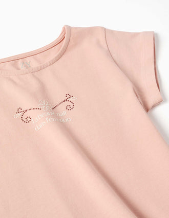 T-shirt de algodão com estampado e base com folhos para menina, rosa-claro