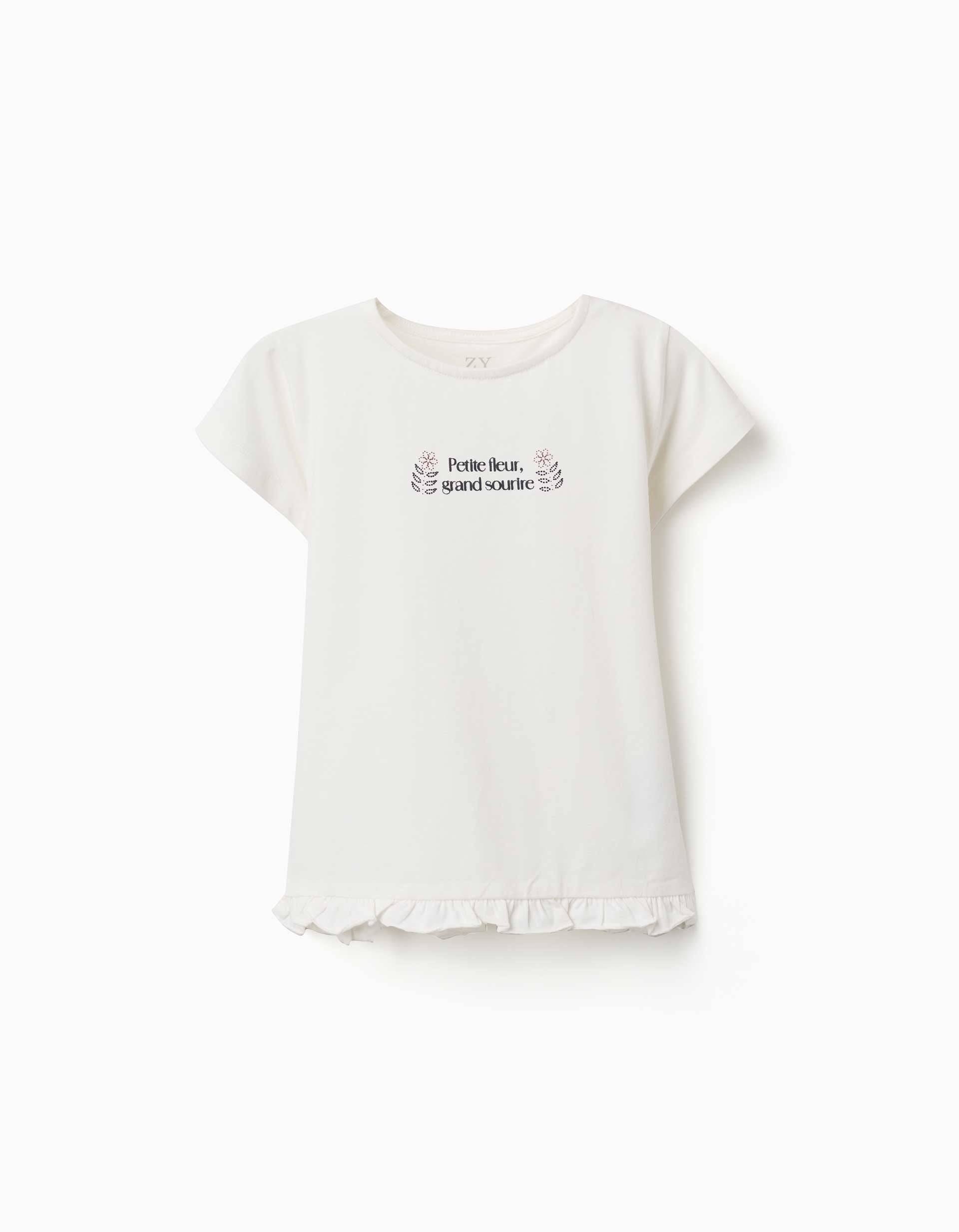 T-shirt de algodão com estampado e base com folhos para menina, branco