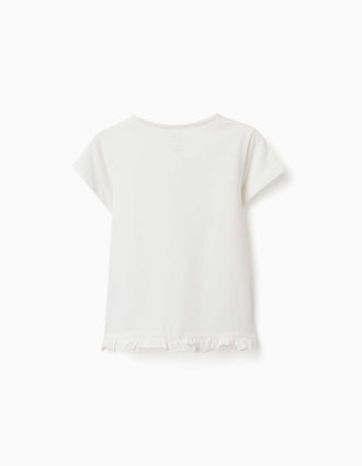 T-shirt de algodão com estampado e base com folhos para menina, branco