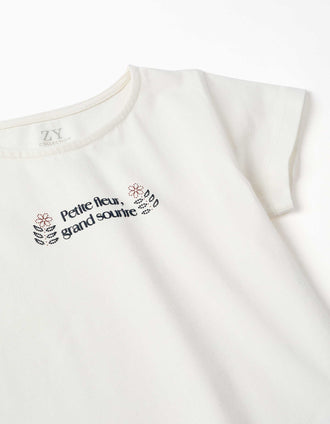 T-shirt de algodão com estampado e base com folhos para menina, branco