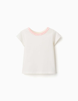 T-shirt de algodão com gola bordada para bebé menina, bege-claro/rosa