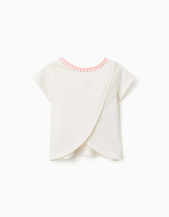 T-shirt de algodão com gola bordada para bebé menina, bege-claro/rosa