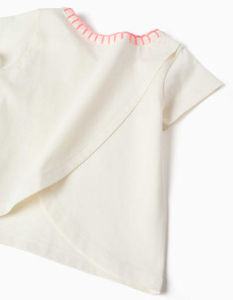 T-shirt de algodão com gola bordada para bebé menina, bege-claro/rosa