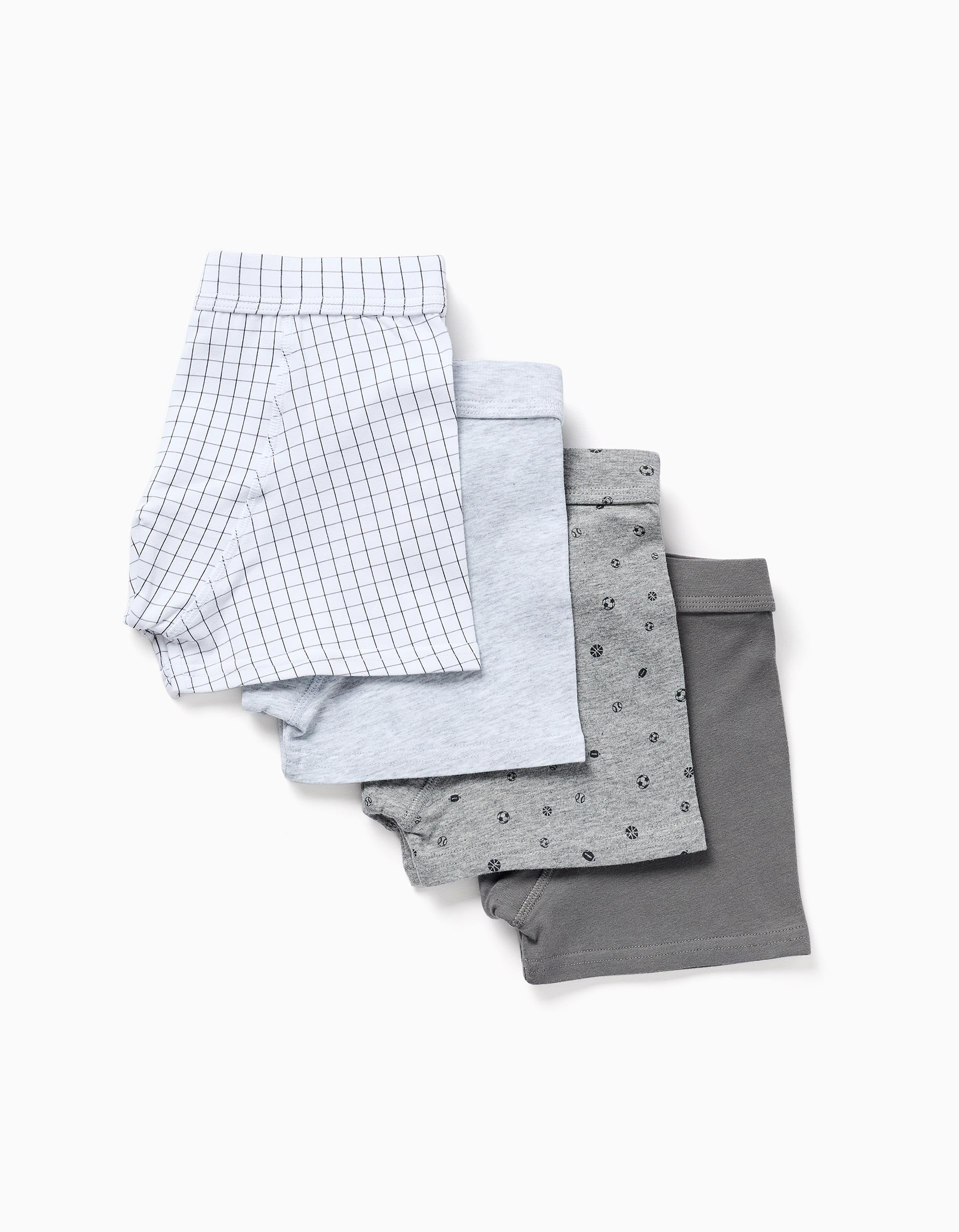 Pack of 4 plain/printed cotton boxer shorts for boys, grey/white