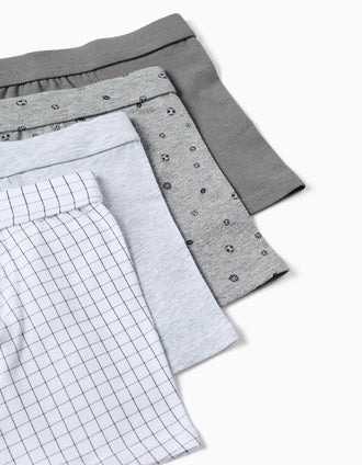 Pack of 4 plain/printed cotton boxer shorts for boys, grey/white