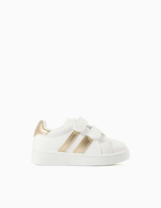 Striped trainers with touch-fasteners for baby girls, white/golden